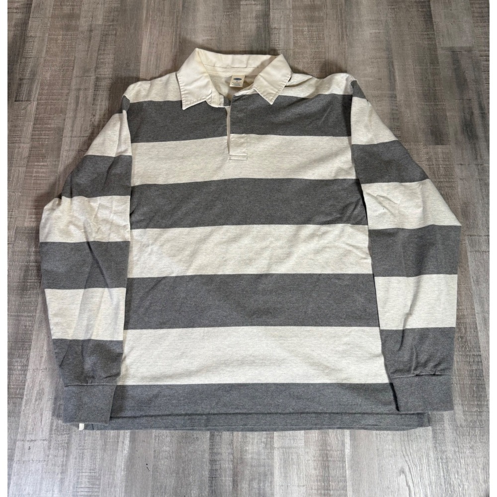 Vtg Old Navy Mens XL Rugby Shirt Long Sleeve Gray White Striped Polo Y2K